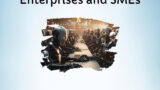 Educational poster featuring the title 'Artificial Intelligence in Modern Business: Strategies and Applications for Enterprises and SMEs' against a light blue background. The central image shows a group of robots in a conference setting, symbolizing AI in business.